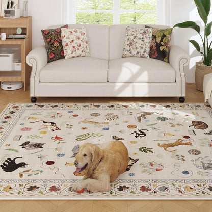 Rugcomf Living Room Rug 5x7 Rug Machine Washable Boho Area Rug Non Slip Floral Animal Cat Vintage Low Pile Large Rugs for Living Room Bedroom Farmhouse Dining Room Kids Playroom, Beige