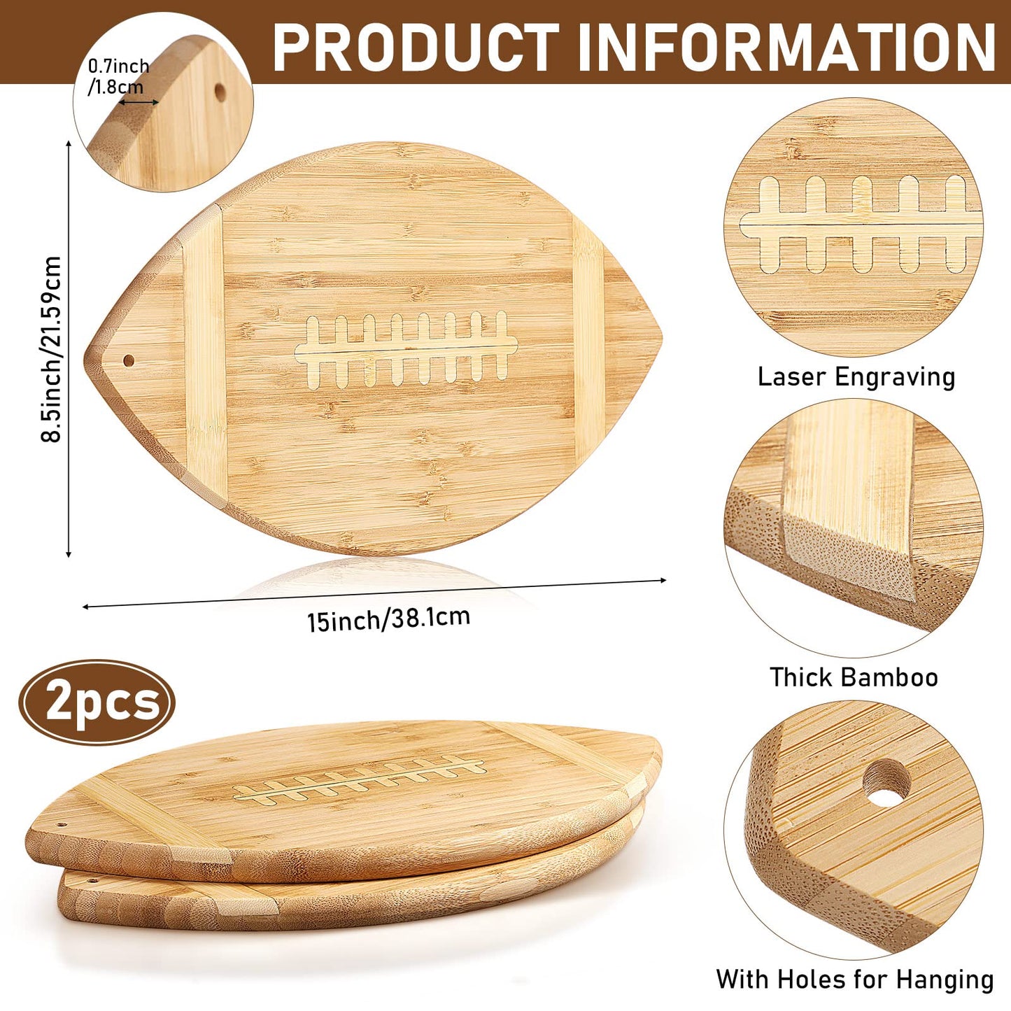 Foaincore 2 Pieces Football Shaped Cutting Board Bamboo Charcuterie Serving Tray Gift Set 15 Inch for Football Lovers Touchdown Themed Party Decoration Favor Supplies