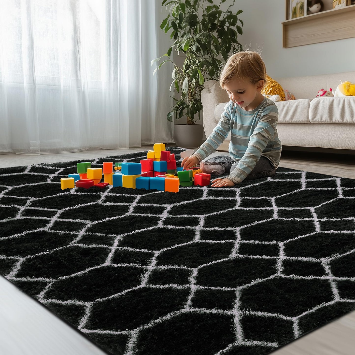 ARKIIKI Fluffy Rug for Bedroom Living Room, 4x6 Black and White Soft Area Rug, Machine Washable Shag Geometric Fuzzy Kids Non Slip Carpet Home Decor Aesthetic, Plush Floor Mat for Nursery Teen Dorm