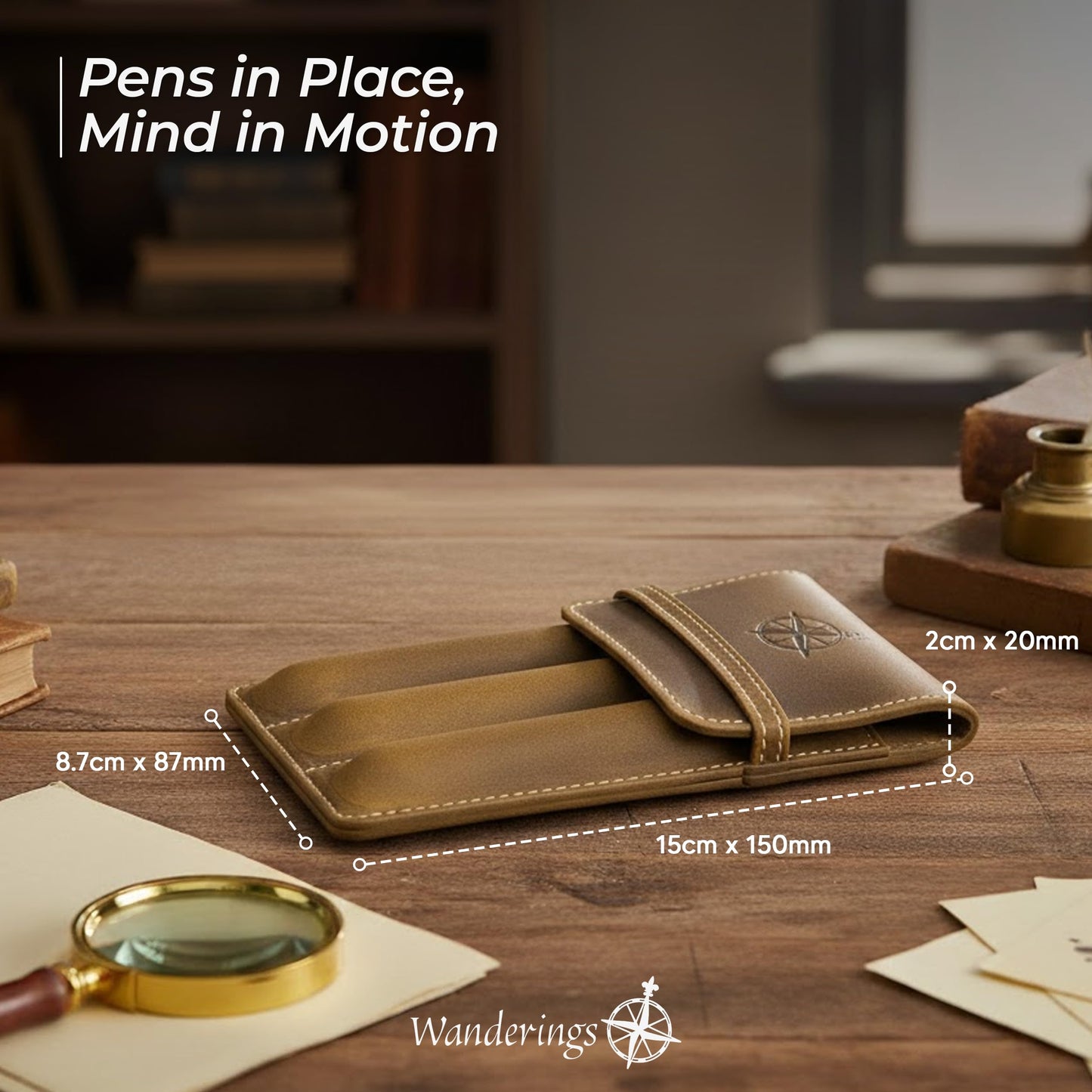 WANDERINGS Vintage Leather 3-Slot Pen Pouch – Handcrafted Brown Pen Case – Individual Leather Pen Sleeves for Fountain Pens, Rollers & Ballpoints – Pen Holder for Men and Women – 3.4" x 6" x 0.8"