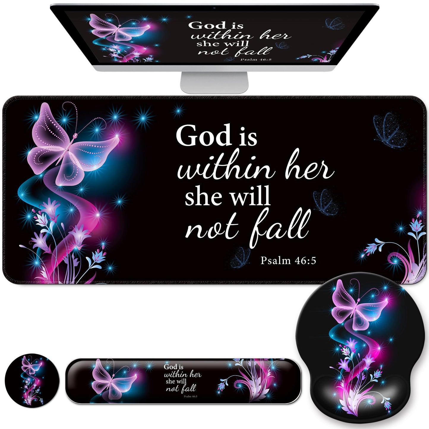 Desk Mat Set + Keyboard and Mouse Pad with Wrist Rest Support,4-in-1 Large Mousepad Computer Mats for Desktop Home & Office-Purple Butterflies