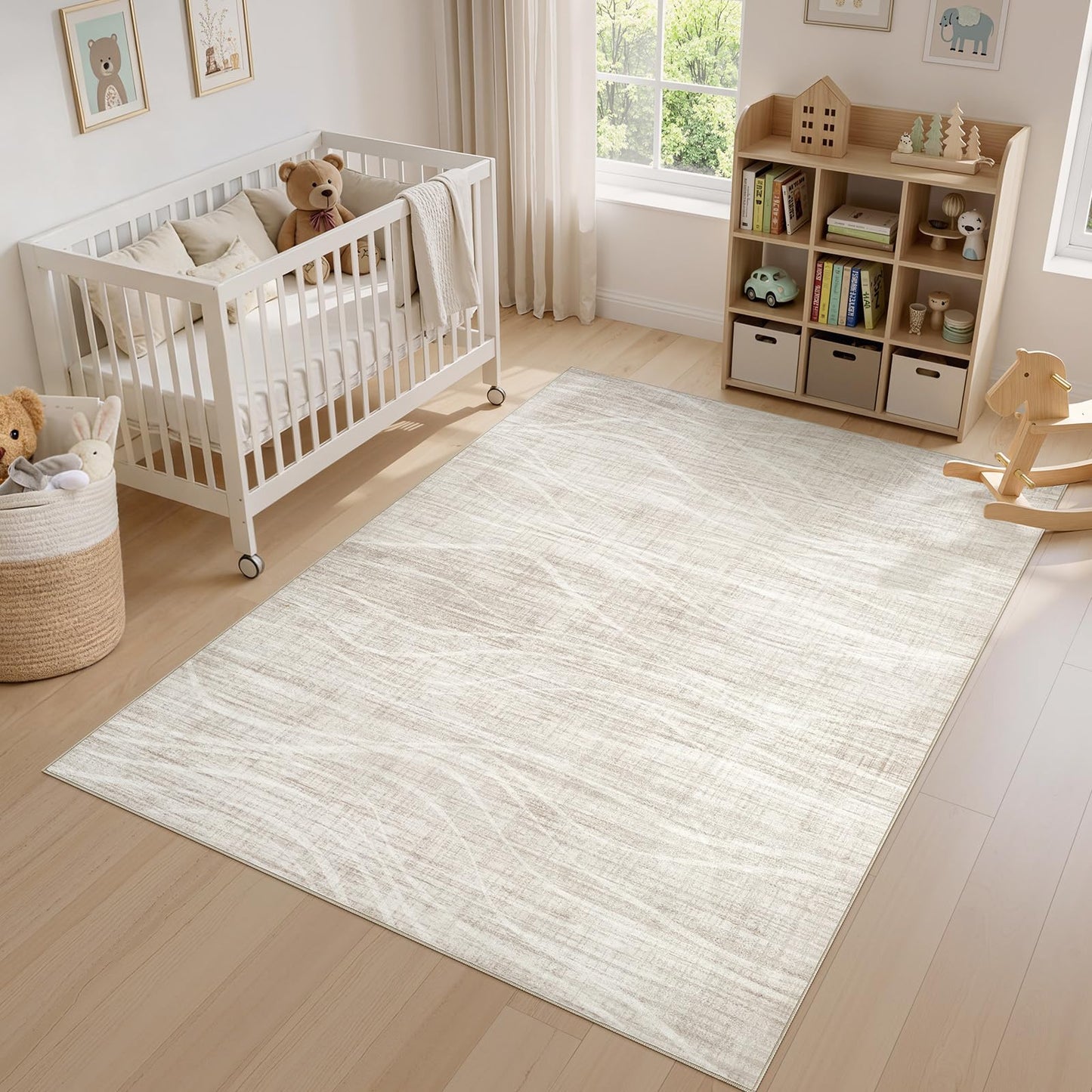 WITSHOCK Washable Rugs 8x10 Modern Area Rugs, Thin Rug for Living Bedroom Dining Room Nursery Kitchen Office, Wave Striped Rugs Indoor Carpet Soft Non Slip Stain Resistant Home Decor, Beige