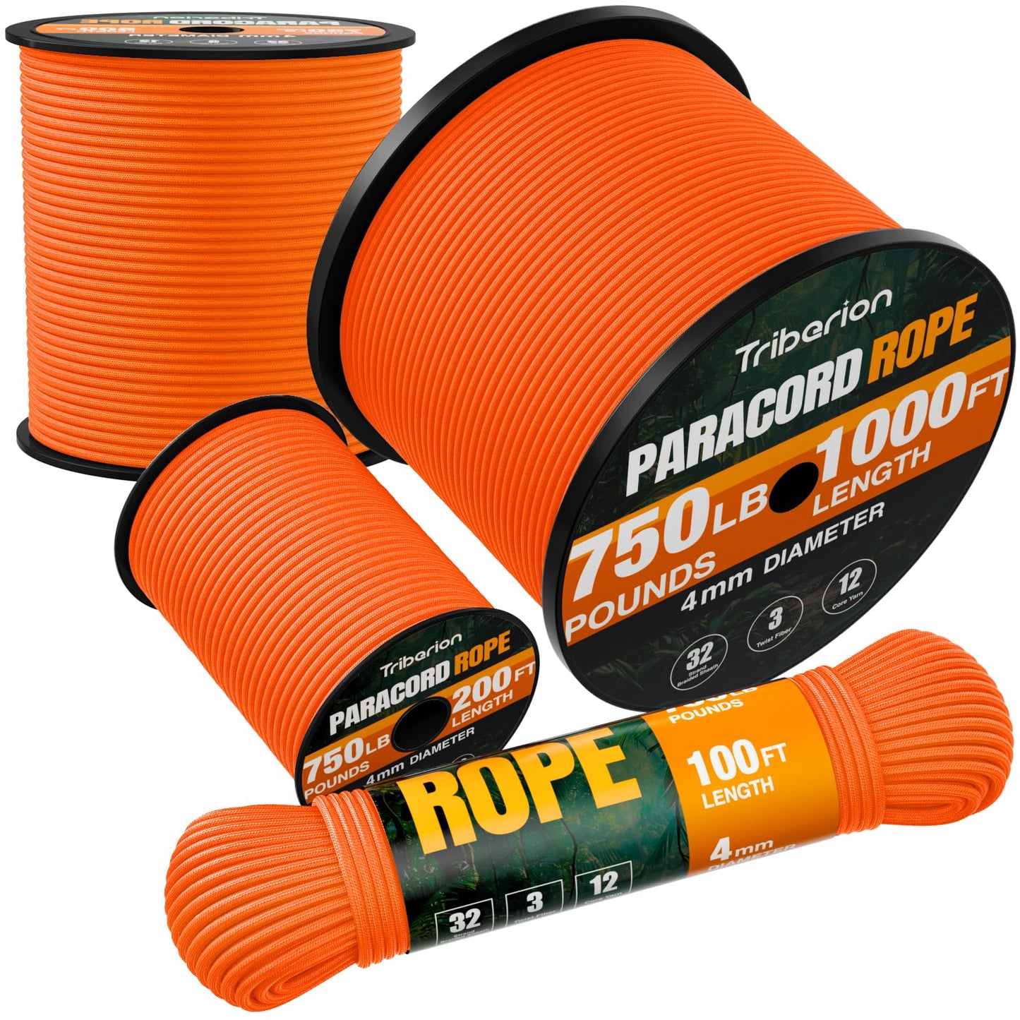 TRIBERION Paracord Rope 750 lb - 500ft 5/32" Parachute Cord 4MM 12-Strand para Cord - Heavy Duty Spool String for Survival,Camping Gear, Survival Bracelet, Clothesline - Orange