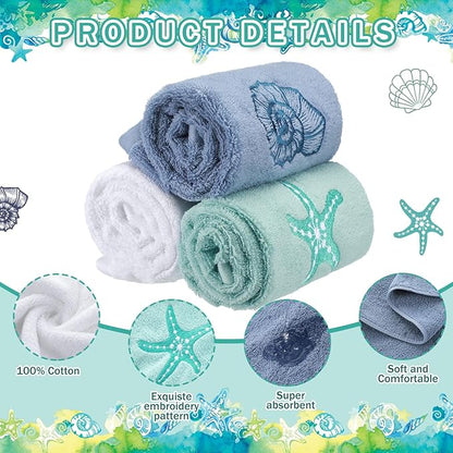 3 Pack Coastal Hand Towels for Bathroom 100% Cotton Embroidered Beach Bathroom