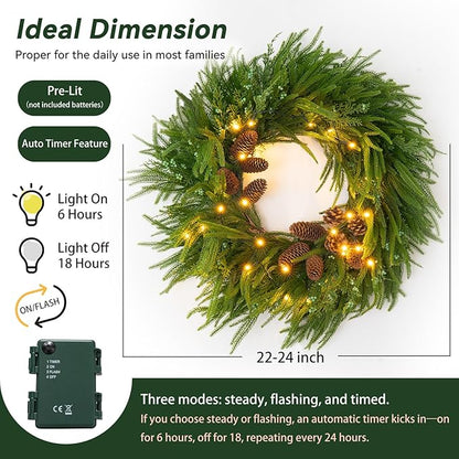 24 Inch Real Touch Norfolk Pine Wreaths for Front Door, Soomeir Artificial Christmas Wreath Green Faux Pine Wreath for Wall Windows Mantle Outdoor Christmas Decoration