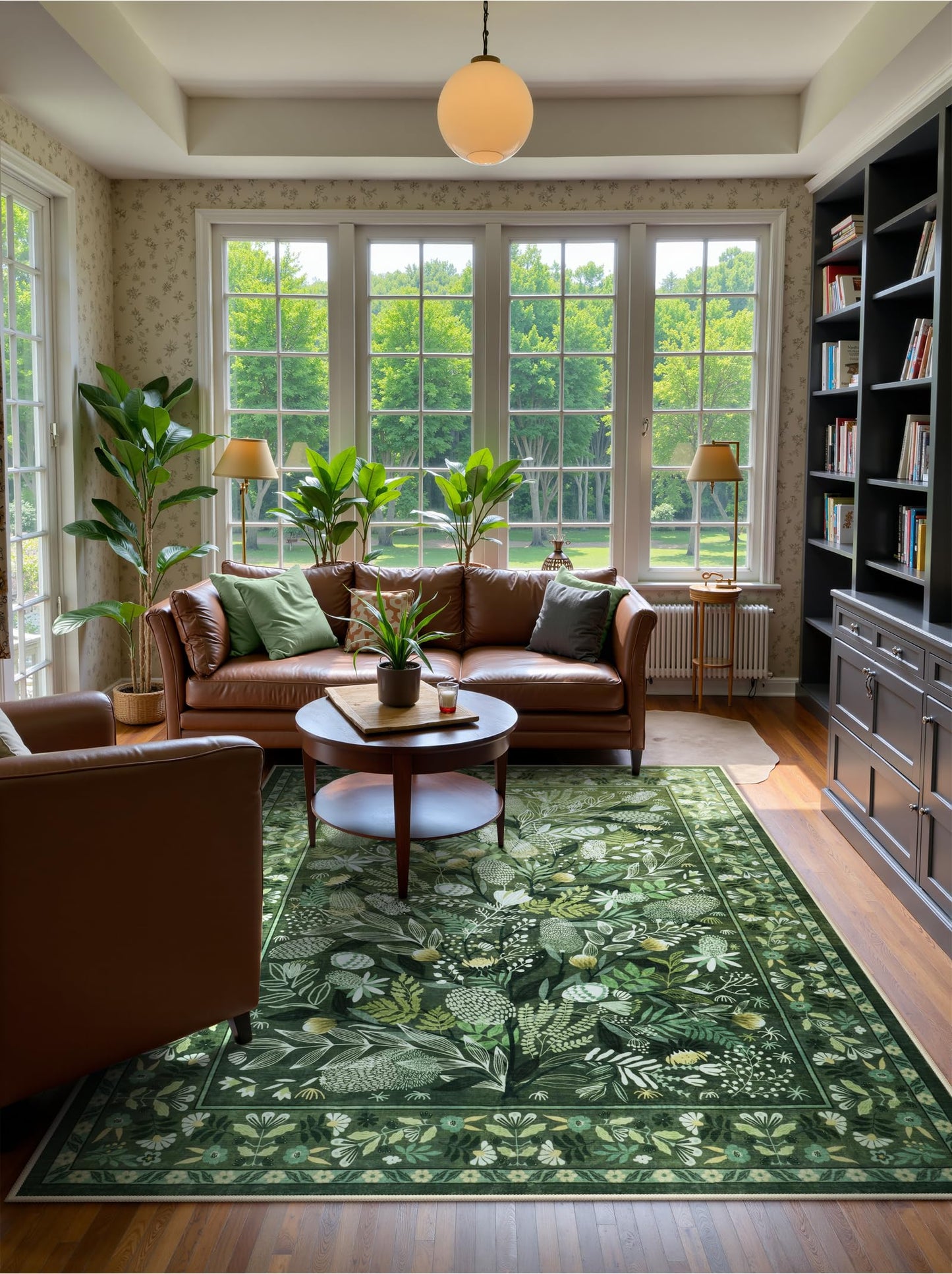 Anidaroel Green Botanical Floral Washable 5x7 Area Rugs, Abstract Large Rugs for Living Room Non-Slip Soft Modern Rugs for Bedroom, Stain Resistant Accent Floor Carpet for Dining Room Entryway