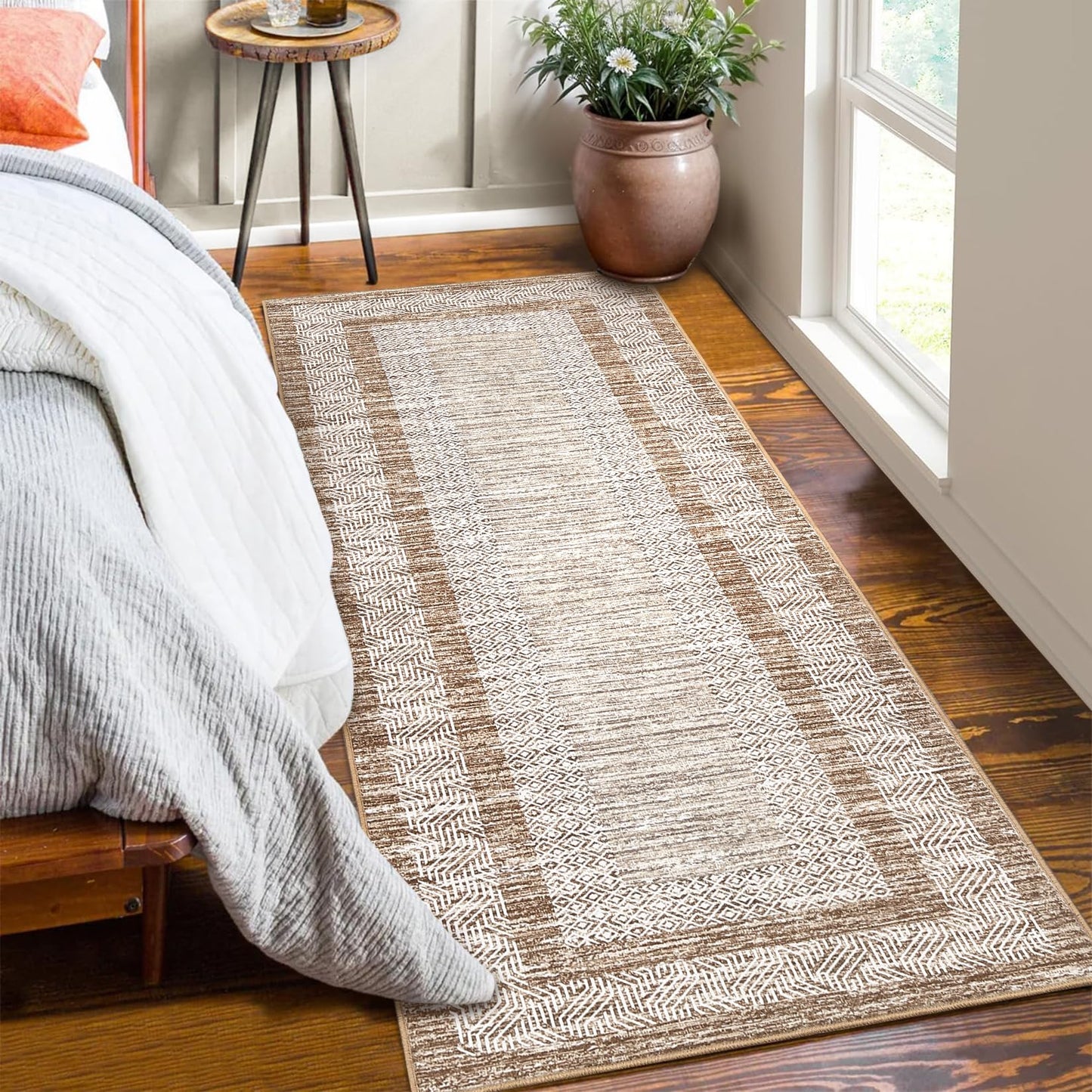 GarveeHome 2x6 Modern Bordered Runner Rug Soft Non Slip Runner Washable Non Shedding Floor Carpet, Distressed Geometric Hallway Runner, Indoor Printed Runner for Kitchen, Entrance, Brown