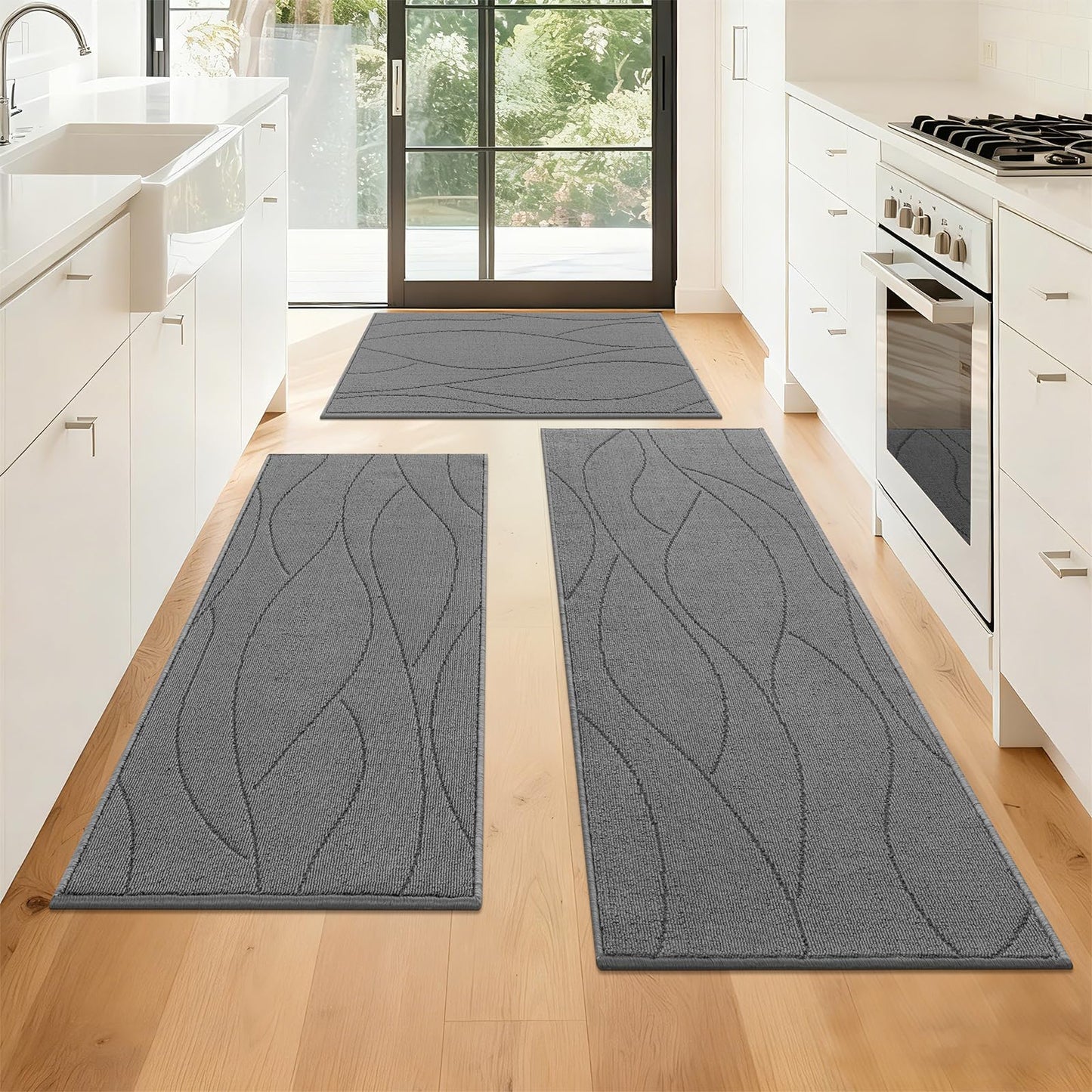 Bsmathom Kitchen Rugs Sets of 3, Non Slip Kitchen Runner, Machine Washable Non Skid Kitchen Rug, Kitchen Floor Mat for Hallway Entryway Laundry Room, Light Gray