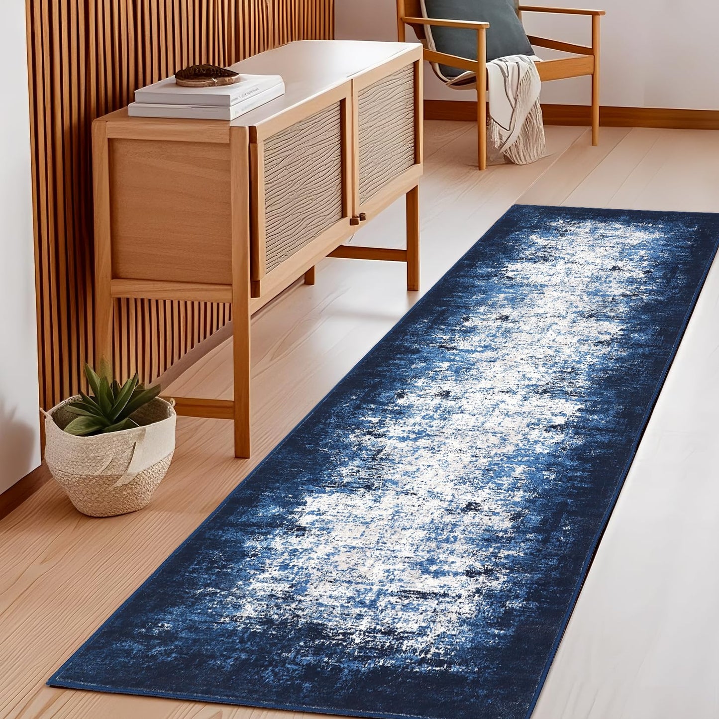 GarveeHome Machine Washable Runner Rugs 2x6 Non-Shedding Abstract Hallway Rug with Non-Slip Backing, Foldable Contemporary Low Pile Floor Cover for Bedroom, Laundry, Blue