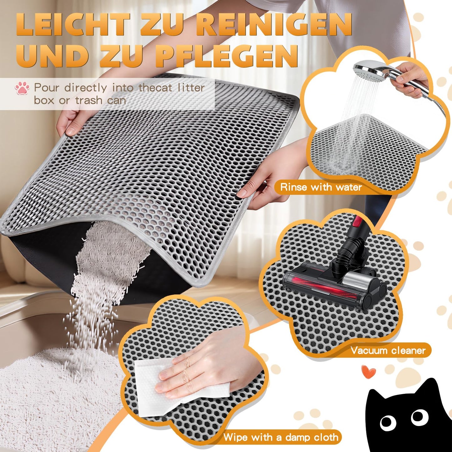 Kozvva Cat Litter Mat, Honeycomb Double Layer Waterproof & Urine Resistant Non-Slip Litter Trapping, Easy Clean Washable Scatter Control for Litter Box (Gray, 24x15 Inch)