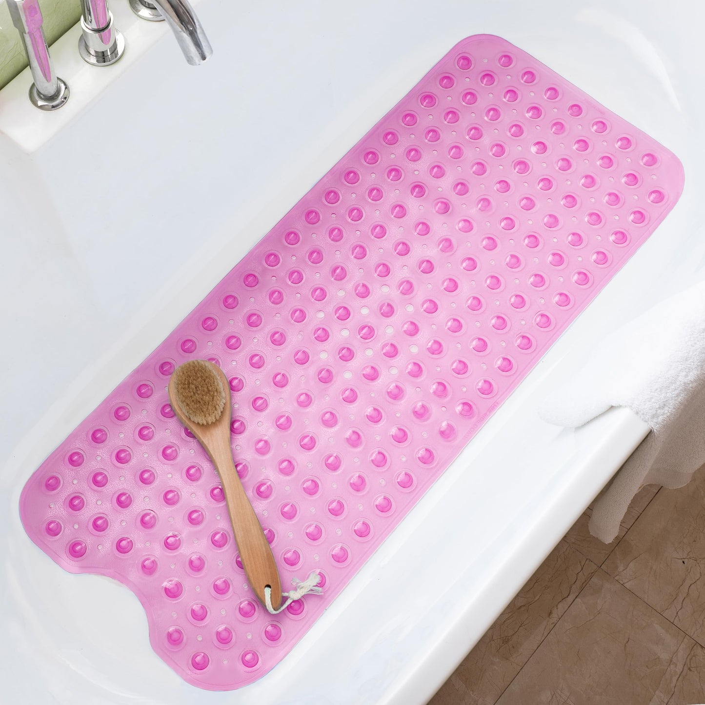 TreeBud Bathtub Mats for Shower Tub Non-Slip Bath Mat 39 x 16 Inch Extra Long Shower Mat, Bath Tub Mat for Bathroom with Machine Washable, BPA Free for Kids (Clear Hot Pink)