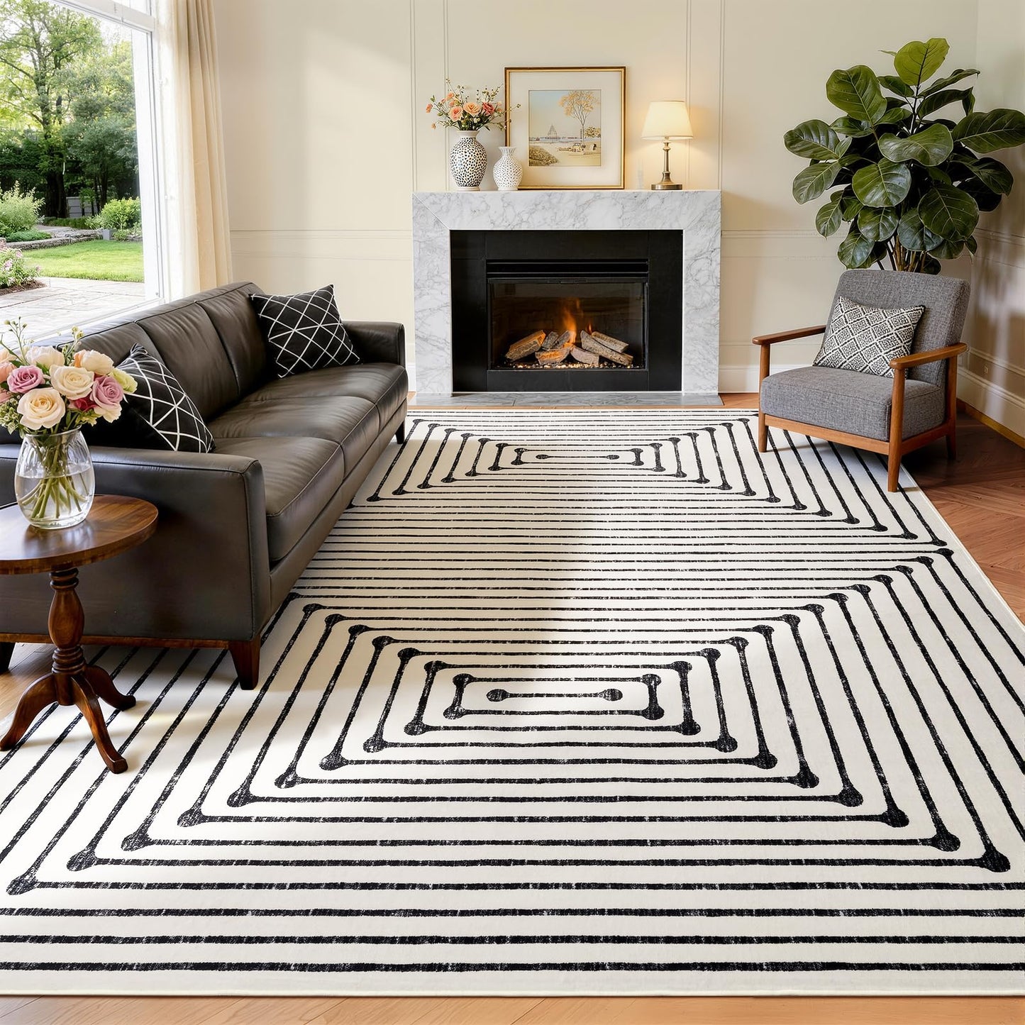 YIHOUSE Washable 8x10 Area Rugs for Living Room, Black and White Striped Rug for Bedroom Non Slip Low Pile, Large Modern Geometric Carpet for Playroom Dining Room Home Office Decor