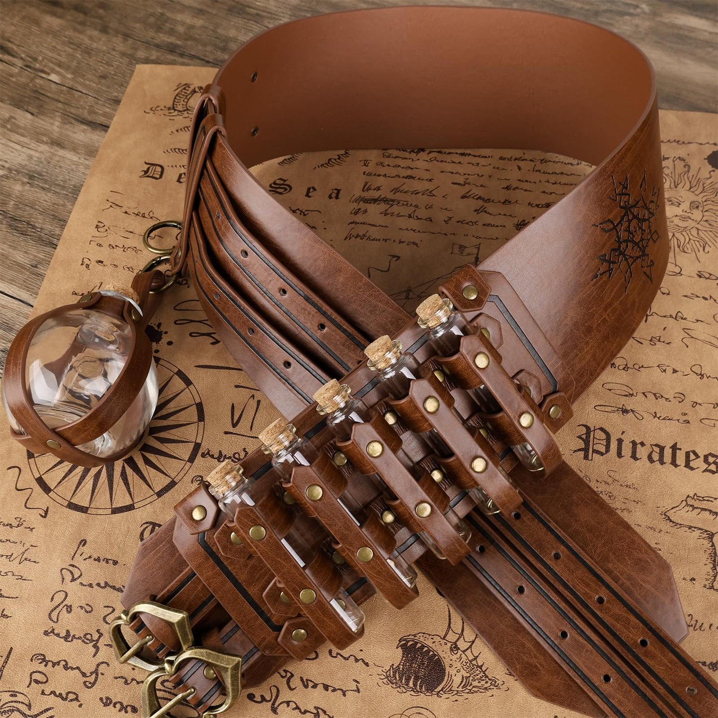 HiiFeuer 5PCs Medieval Faux Leather Alchemy Wide Belt with Skirt Hike Potion Vials Glass Bottle, Fantasy Corset Belt Cosplay (Brown A)