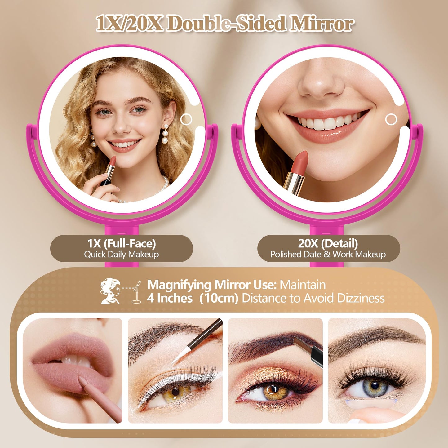 Makeup Mirror with Lights, Double Sided 1x/20x Magnifying Mirror with Light, Rechargeable 3 Color Lights and Adjustable Brightness, 360° Rotation Detachable Comes with Tweezer(Black)