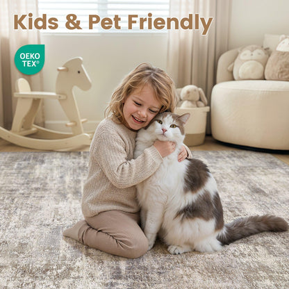 cotiled Washable 8x10 Area Rug for Living Room - Modern Abstract Carpet with Non-Slip Backing, Low Pile & Soft, Stain Resistant, Kid & Pet Friendly Decor for Bedroom & Dining Room - Brown Grey