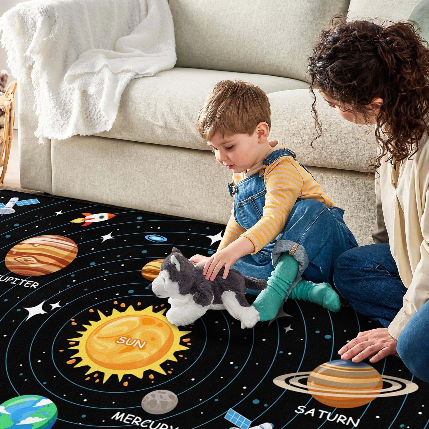 Kids Carpet Outer Space Rug, Solar System Mat 3x5 FT, Fun Game Boy Girl Kids Rug Carpet for Children Bedroom, Space Area Floor Mat for Living Room Nursery Room Toddler Classroom Decor