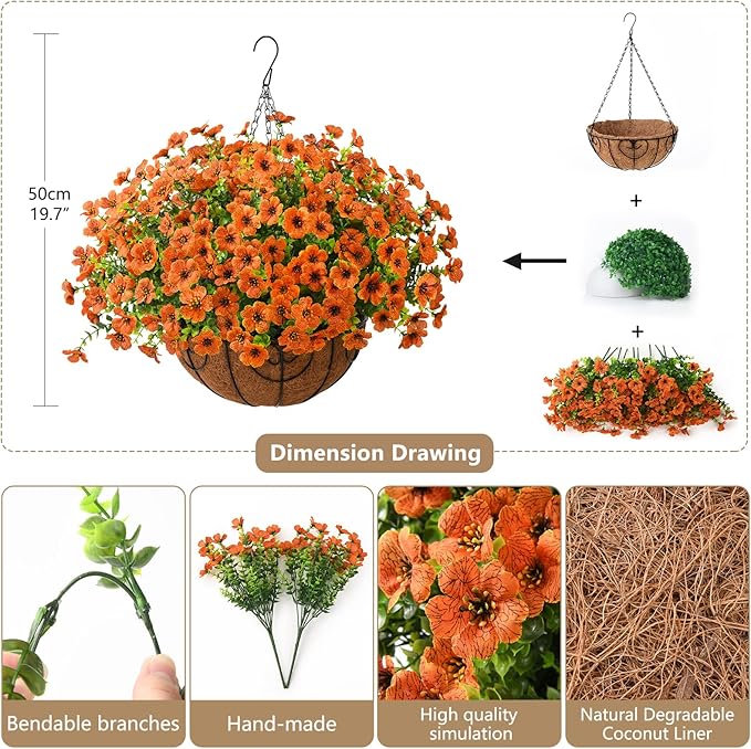 Artificial Faux Hanging Plants Flowers Basket for Fall Outdoor Decoration, Fake Silk Daisy in Planter Realistic UV Resistant Look Real for Porch Home Patio Balcony Yard(Orange)