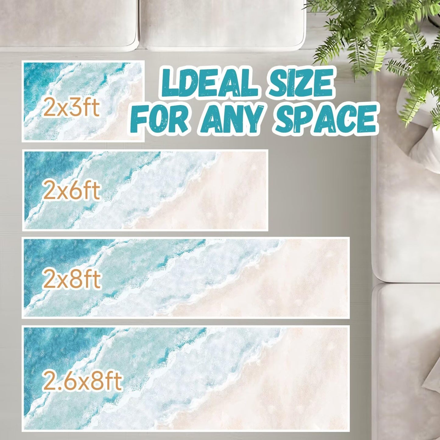 Beach Pattern 2x6ft Runner Rug Non Slip Washable Kitchen Runner Rug with Rubber Backing，Low-Pile Soft Washable Runner Rugs for Hallway Entryway Kitchen Bedroom Living Room Bathroom