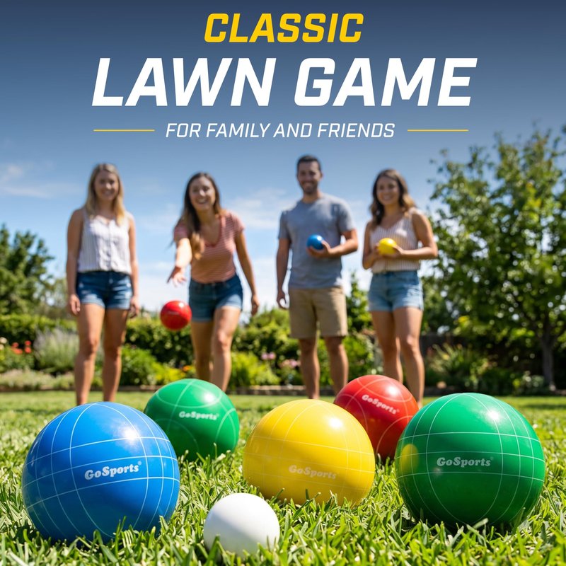 GoSports 90 mm Backyard Bocce Set with 8 Balls, Pallino, Case and Measuring Rope - Made from Premium Resin