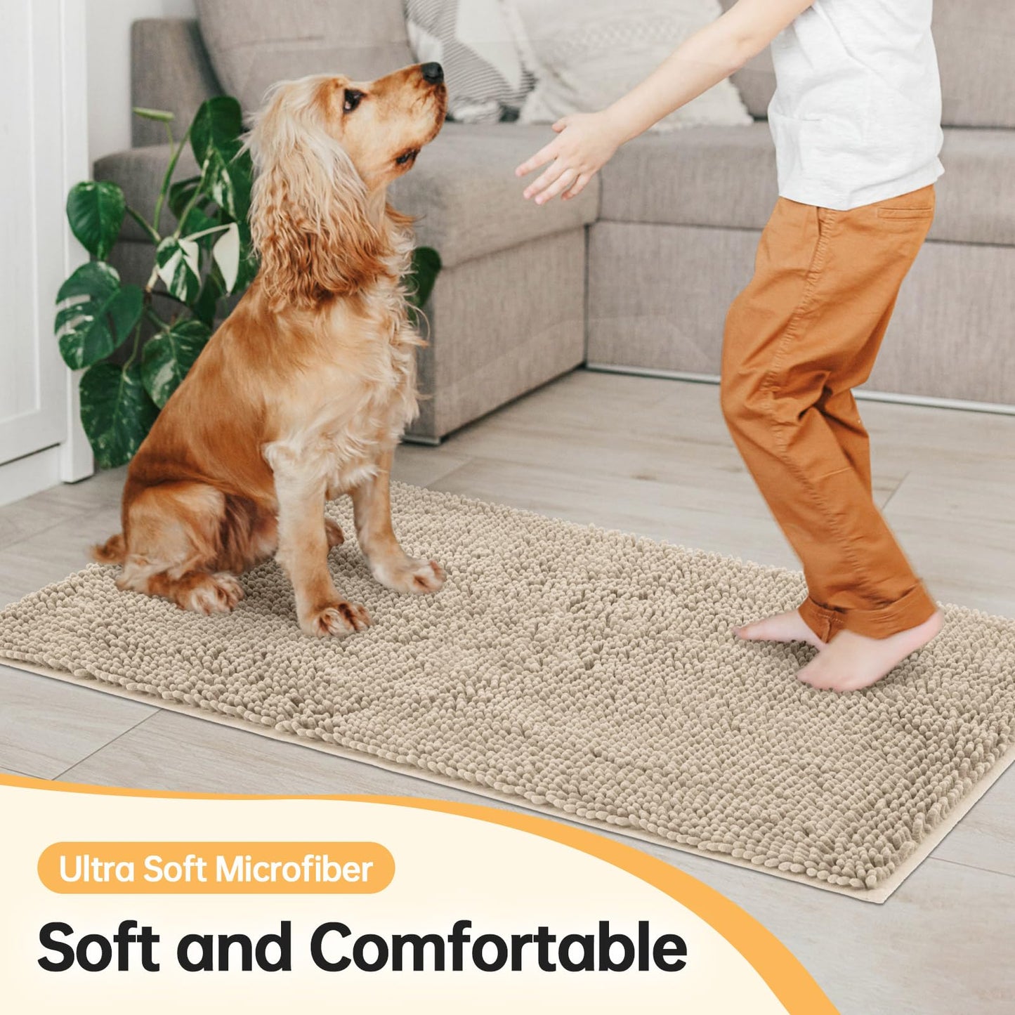 HOMEK Absorbent Dog Door Mat for Muddy Paws, 60" x 24" Chenille Indoor Mats for Entryway, Trap Dirt Front Door Mat Indoor Entrance Washable Non Slip Soft Beige