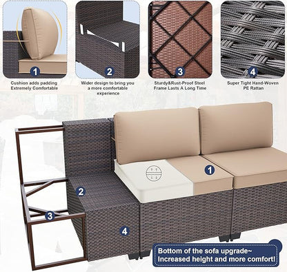 Kurapika 8 Pieces Patio Furniture Set, Rattan Wicker Outdoor Conversation Sets w/43in Propane Fire Pit Table and 4 Inch Cushion(Sand)