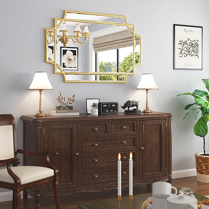 Bathroom Mirror for Wall Gold Farmhouse Wall Vanity Mirror for Over Sink Wood Framed Beveled Mirrors Deco（24 * 36IN/Gold）