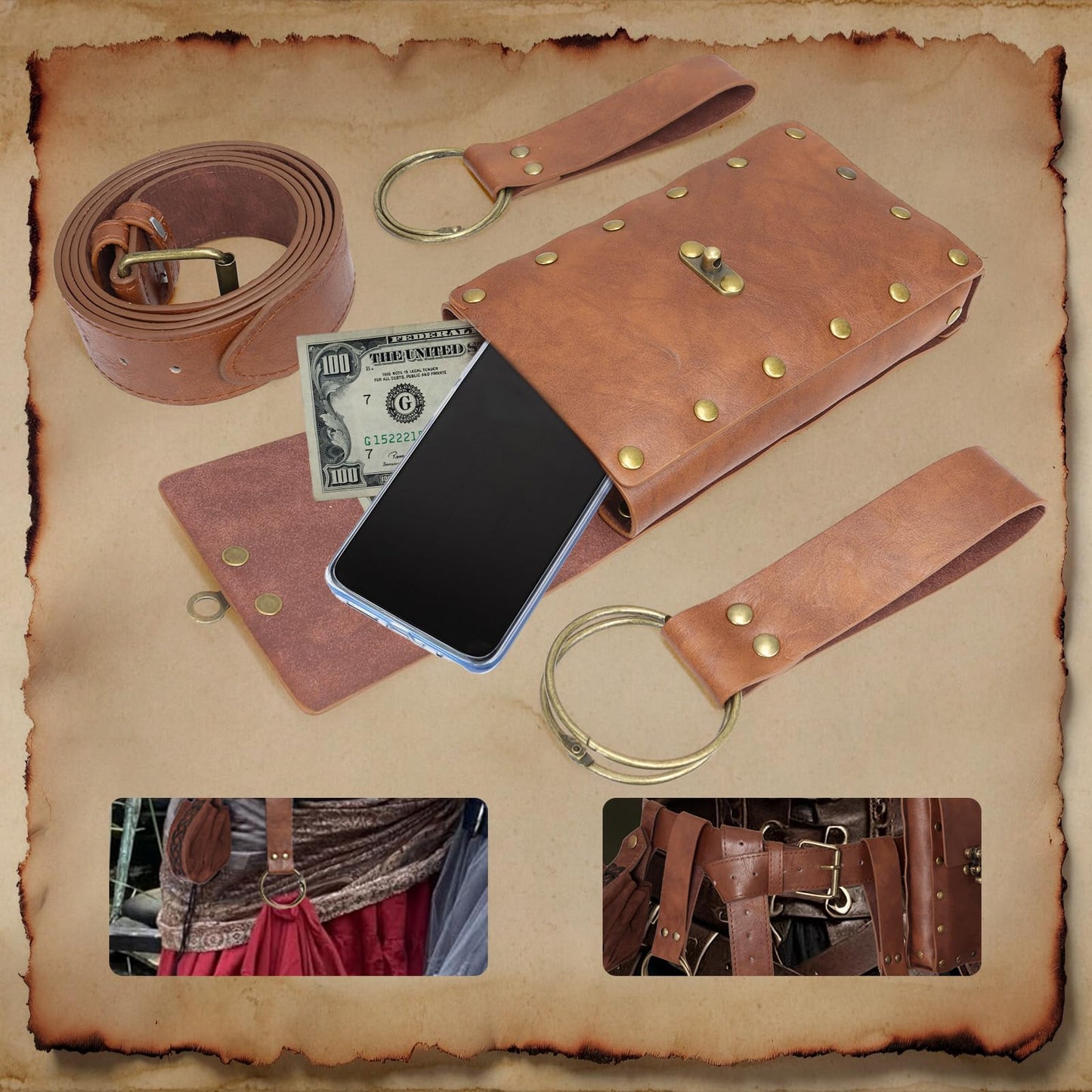 Renaissance Belt Pouch Medieval Viking Pirate Leather Bag Potion Bottle Set Skirt Hike Halloween Cosplay Costume Accessorie(Brown, Belt Pouch)