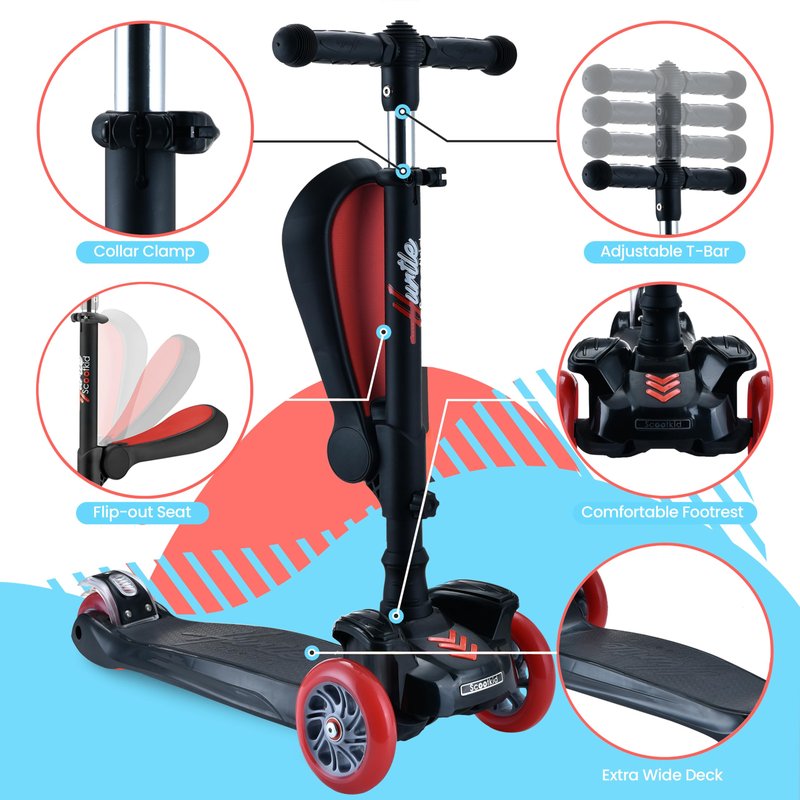 Hurtle 3 Wheeled Scooter for Kids - 2-in-1 Sit/Stand Child Toddlers Toy Kick Scooters with Flip-out Seat, Adjustable Height, Wide Deck, Flashing Wheel Lights, For Boys/Girls 1 Year Old+