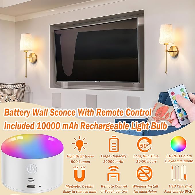 Battery Operated Wall Sconce Set Of Two with Remote Control, Indoor Not Hardwired Dimmable Battery Operated Wall Sconce Light Fixture with Fabric Linen Shade For Bedroom Living Room, Bulb Included ( C