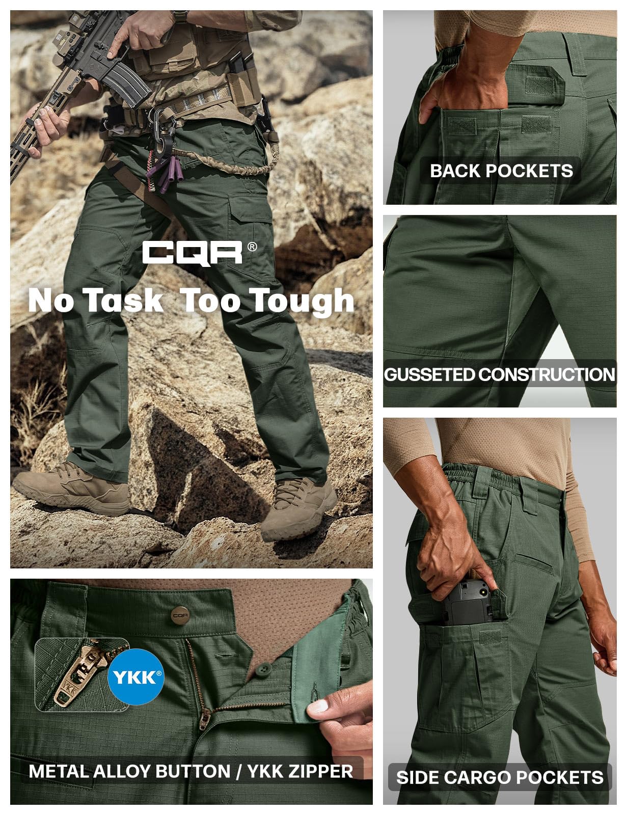 CQR Men's Tactical Pants, Water Resistant Ripstop Cargo Pants, Lightweight EDC Work Hiking Pants, Outdoor Apparel, Raider Green Kelp, 34W x 32L