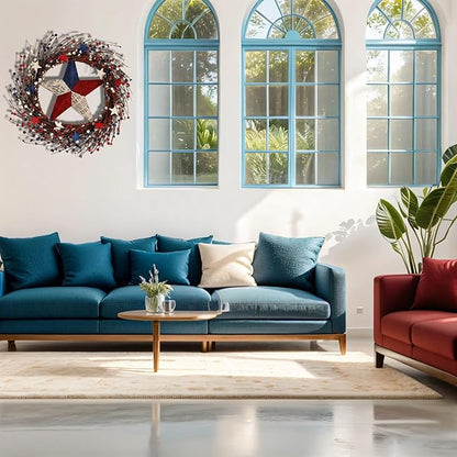 22IN Artifical Patriotic Wreath 4 of July Wreath with Berry, Star for Front Door Wall Decor Indoor Outdoor
