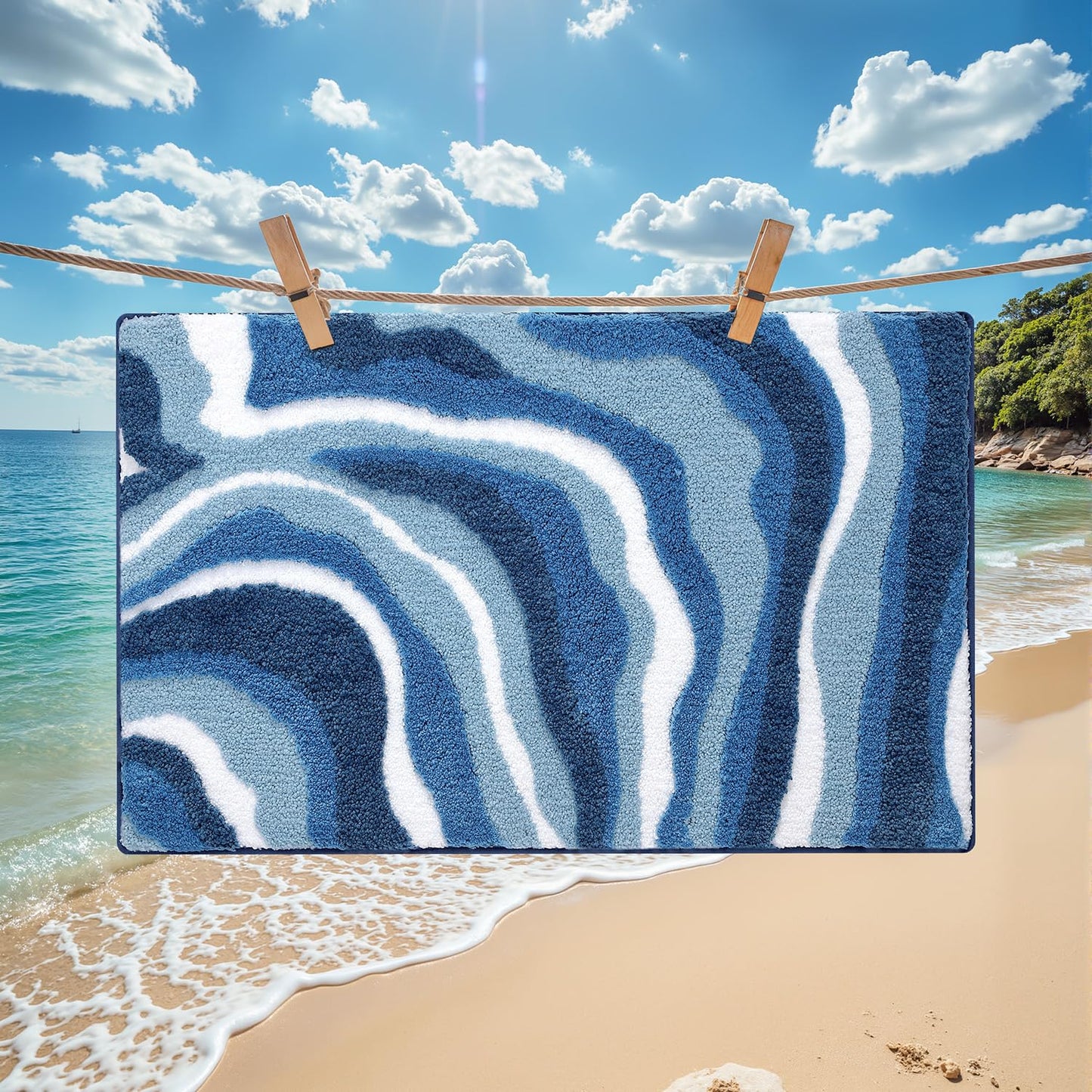 LUMI Absorbent Bathroom Rug Non Slip Rubber Backing, Machine Washable Wave Bath Mat Soft Premium Microfiber, Beach Bath Rugs Quick Dry for Bathtub and Shower Floor, 16"x24"
