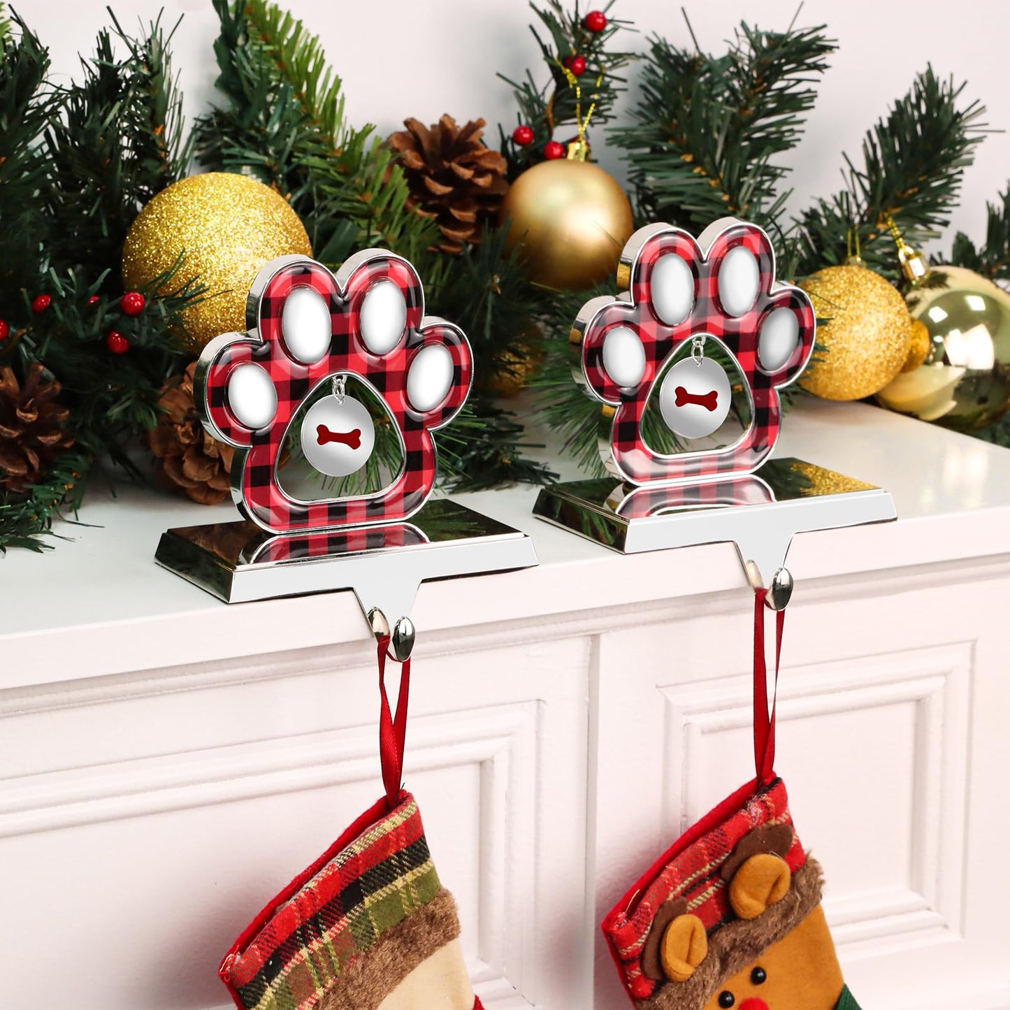 Hxezoc 2 Pack 3D Dog Paw Christmas Stocking Holder with Small Dog Paw Pendant Silver Metal Mantel Pet Paw Stocking Hangers for Christmas Fireplace Mantel Decorations Christmas Holiday Supplies