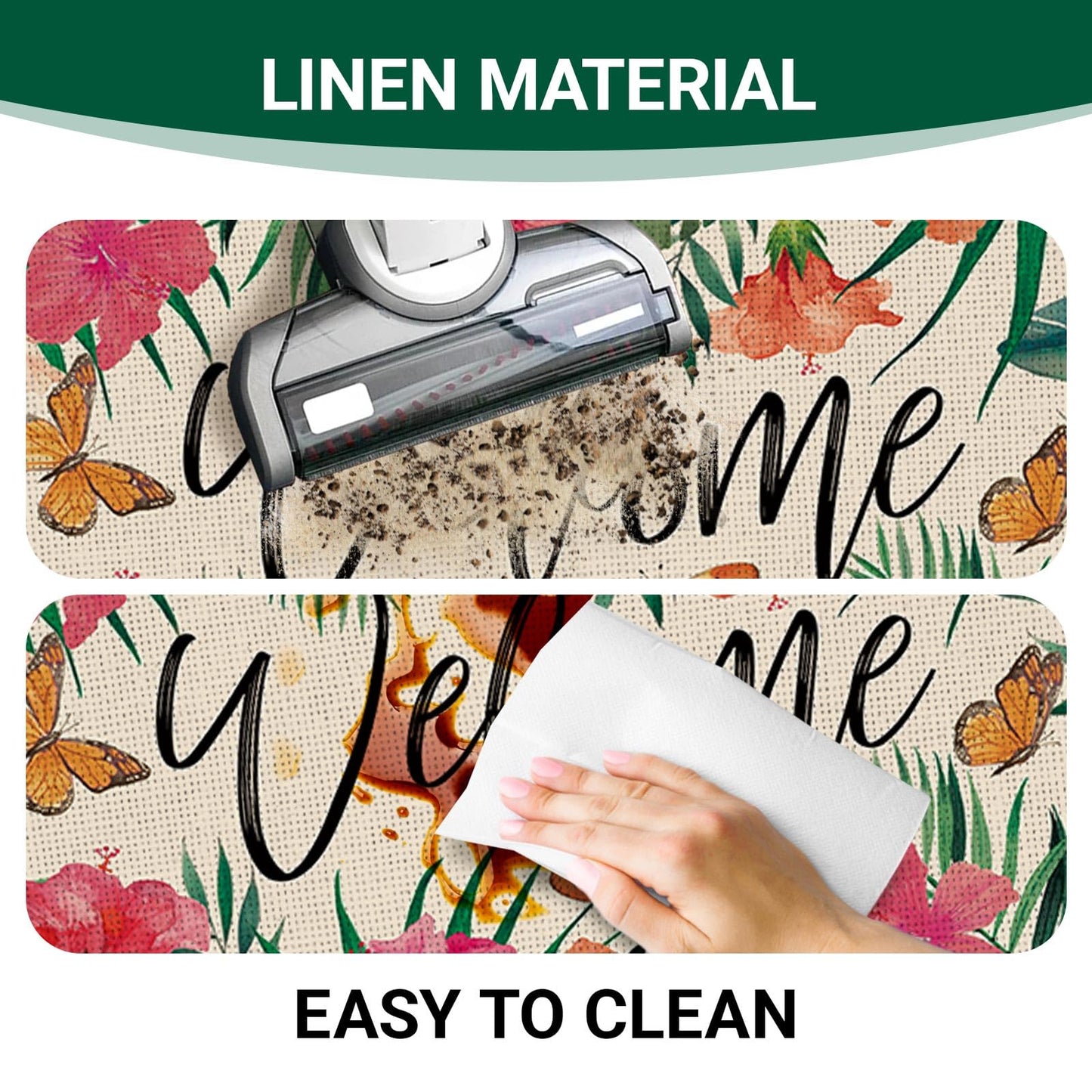 Livcoz Welcome Spring Summer Tropical Plants Kitchen Rugs Set of 2, Hibiscus Flower Palm Leaves Butterfly Floor Mats Home Decor, Floral Botanical Door Mat Decorations - 17x29 and 17x47 Inches