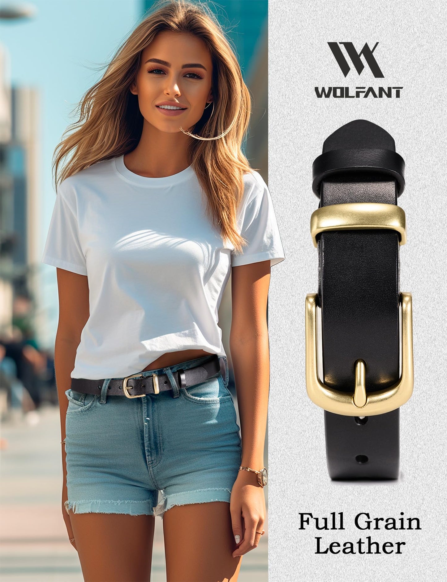 WOLFANT Womens Belts for Jeans in Gift Box,1.1" Ladies Belt with Gold Buckle,100% Italian Full Grain Real Solid Leather