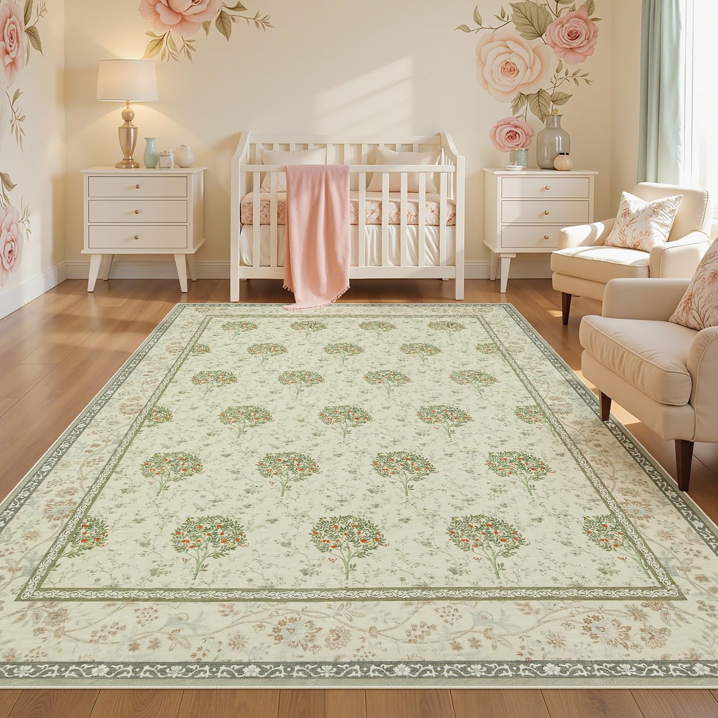 Joydeco Boho Floral Large Rugs for Living Room Nursery, Washable Beige Kids Bedroom Rug 8x10 Under Bed, Botanical Non Slip Throw Carpet for Playroom Kids Dining Room Dorm Classroom, Beige