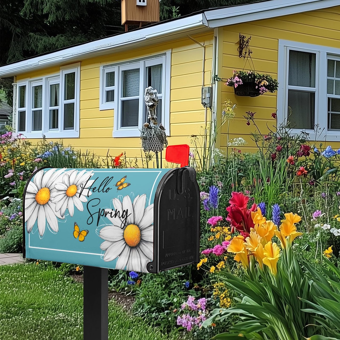 VentuCoven Spring Floral Daisy Mailbox Cover Magnetic Standard Size 21x18 in Floral Butterfly Post Letter Box Cover Decorations for Outside Garden Yard Blue