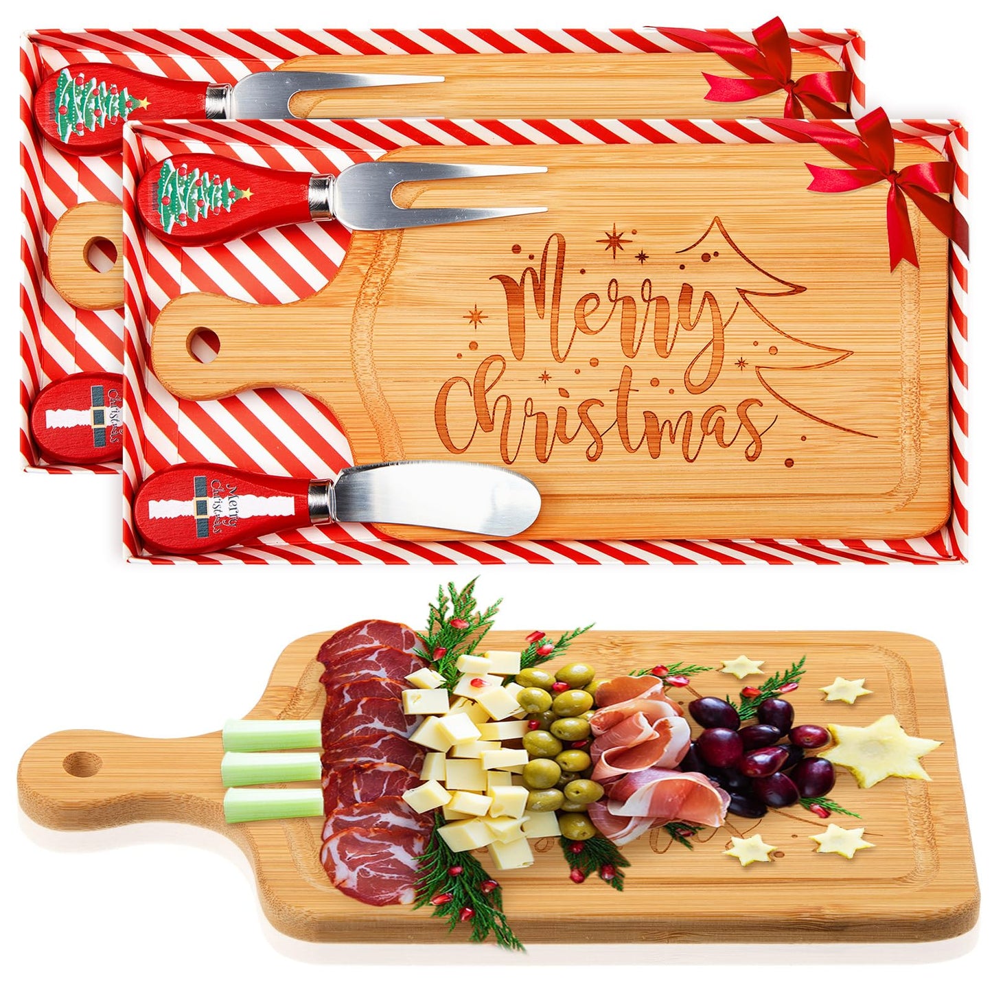 Ziliny 2 Set Christmas Cheese Board and Knife Set, Wooden Small Charcuterie Board Mini Holiday Serving Tray with Knives for Xmas Gift Party Home Decoration (Square)