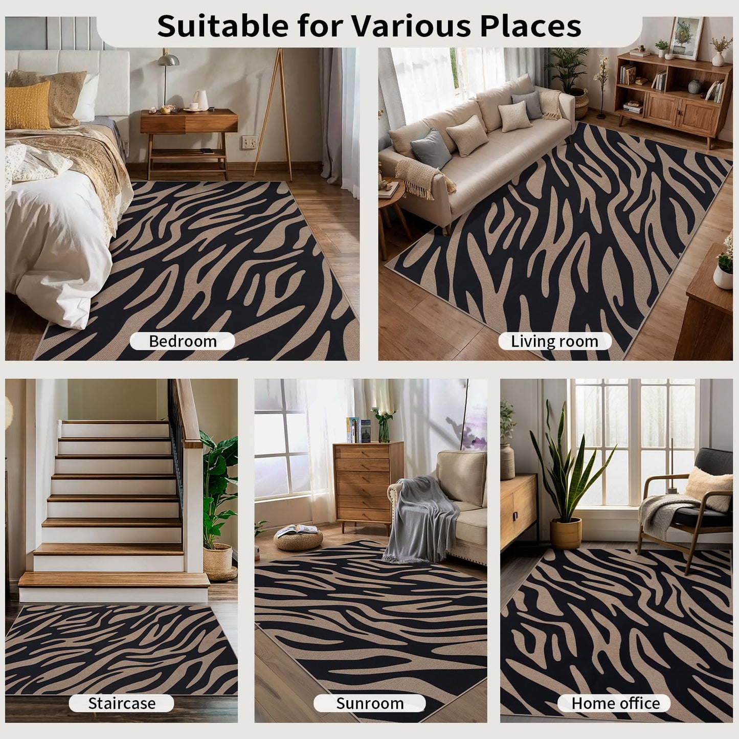 Tangsoo Modern Easy Jute 5x7 Large Washable Area Rugs for Dining Room,Black Non-Slip Thin Indoor Outdoor Rug,Neutral Zebra Pattern Print Mat for Living Room Home Office Backyard Patio
