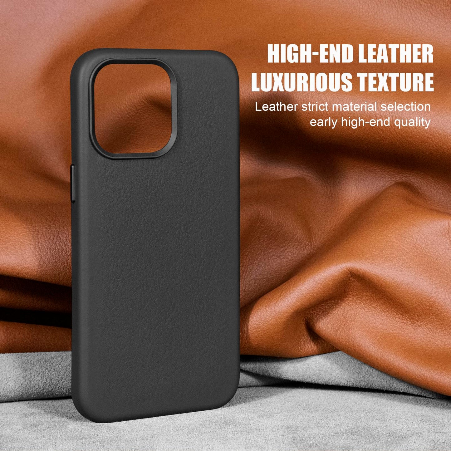 Rumwot for iPhone 15 Pro Leather Case | Genuine Full Grain Leather| Compatible with MagSafe and Wireless Charging | Metal Buttons Camera Bezel | Slim Fit-Drop and Scratch Resistant(Black)