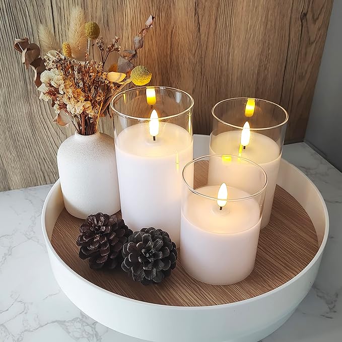 Glass Battery Operated LED Flameless Candles with Remote and Timer, Real Wax Candles Warm Color Flickering Light for Festival Wedding Home Party Decor(Pack of 3)-Lvory White