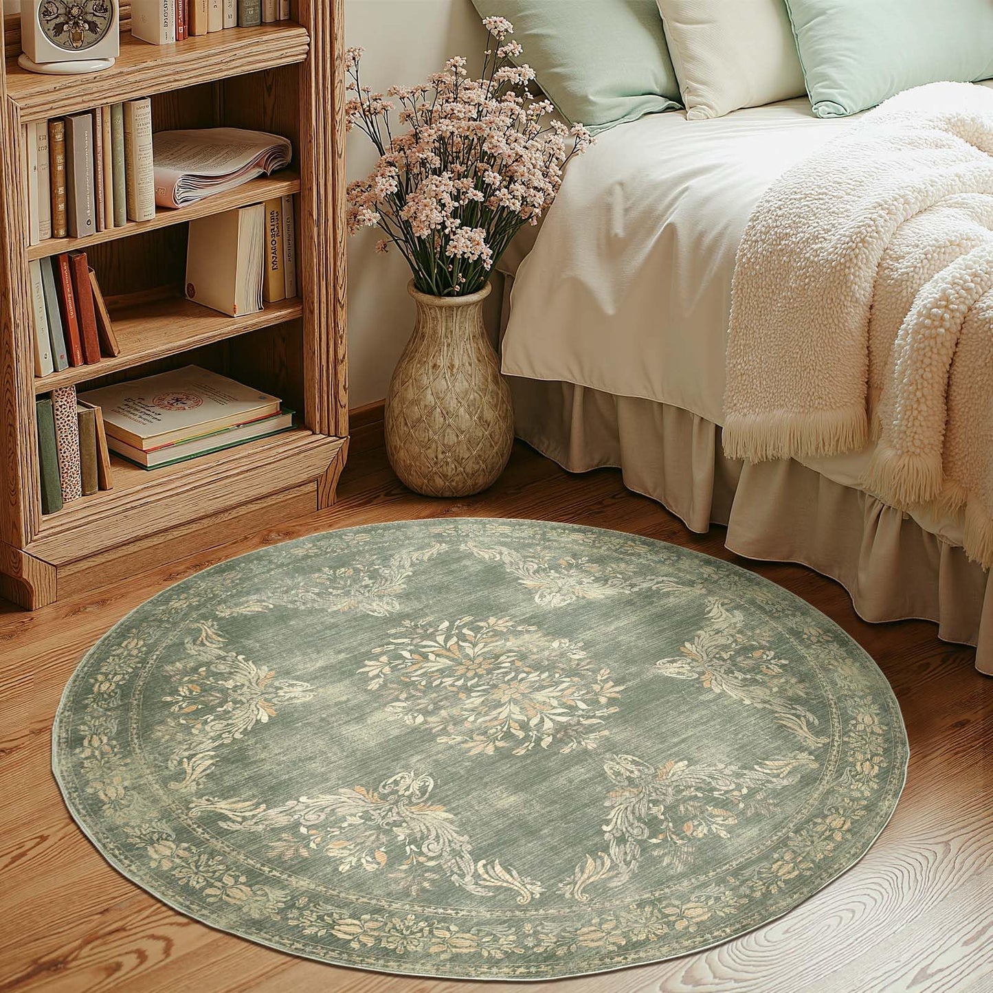 jinchan Round Rug 4ft Area Rugs Vintage Floral Distressed Design,Machine Washable Soft Non-Slip Low-Pile Ultra-Thin Circle Rug for Entryway Bedside Living Room Kitchen Nursery (4' Round,Dark Green)