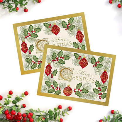 Masterpiece Antique Ornament Christmas Cards / 15 Festive Evergreen Holly Holiday Card Set With Foil Accents And White Envelopes / 5 5/8" x 7 7/8" Winter Greeting Cards With Inside Verse