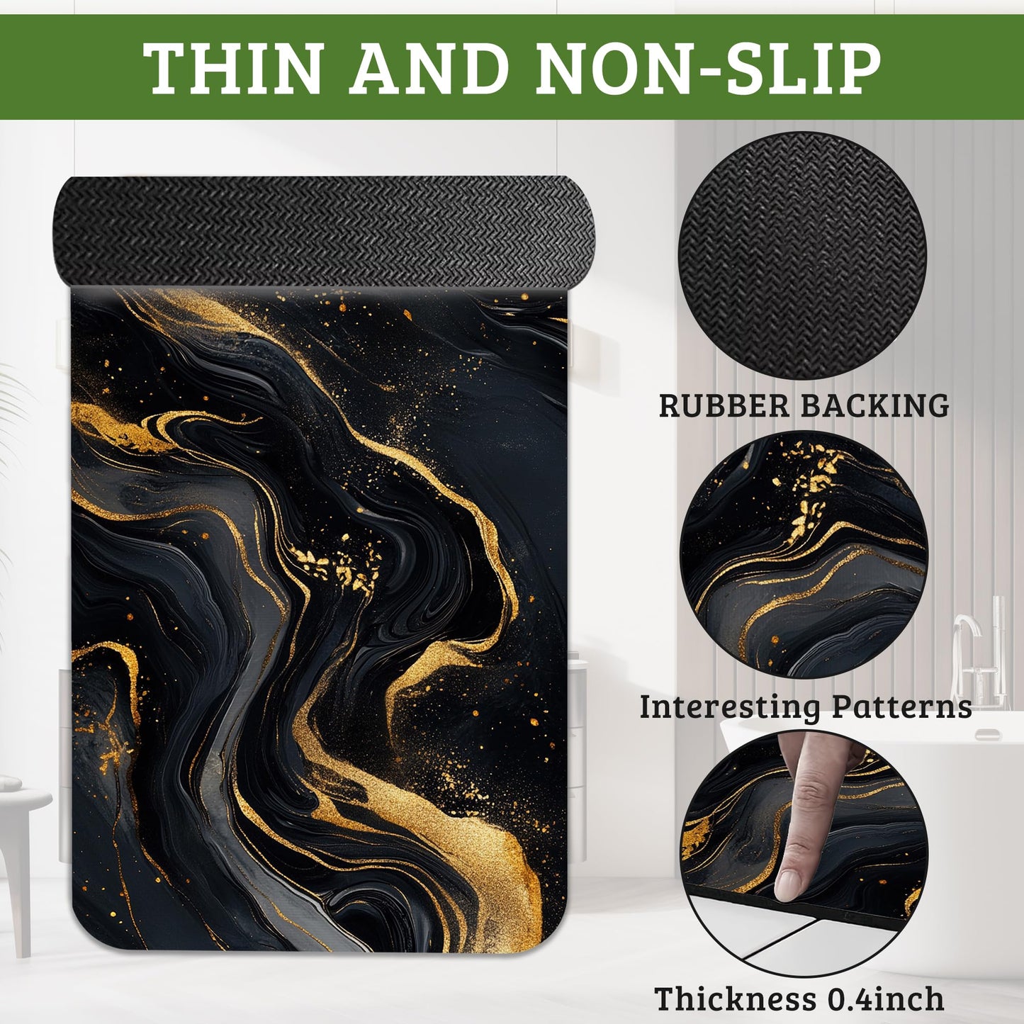 NSMNSM Black Gold Marble Bathroom Rugs Mat Non Slip Washable Quick Dry Absorbent Thin Bathroom Rug-Bath Mats for Bathtub, Sink, Shower Room, Christmas Decorations,17"x 29.5"