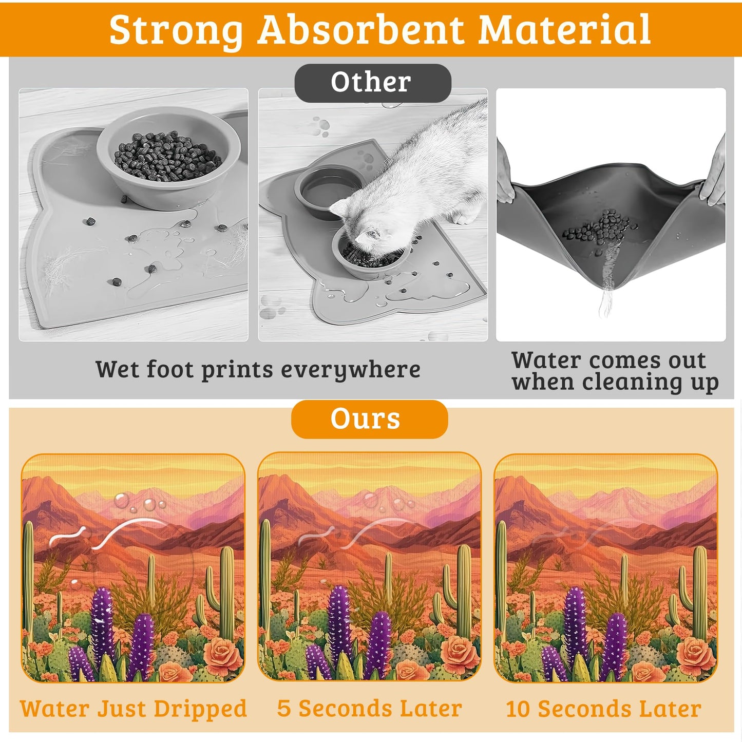 Pet Feeding Mat,Cactus Absorbent Dog Cat Food Mat Desert Dog Mat with Rubber Backing,Non-Slip Water Bowl Placemat,Pet Supplies 12" x 20"