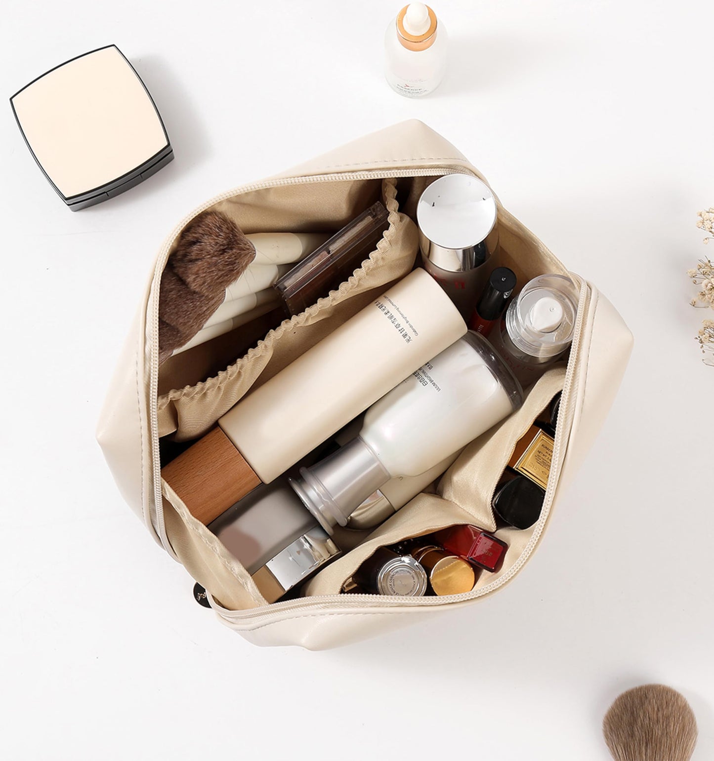 Aveniee Travel Makeup Bag Small, Vegan Leather Cosmetic Pouch for Purse, Wide-open Toiletry Organizer with Dividers & Zipper for Women-Beige