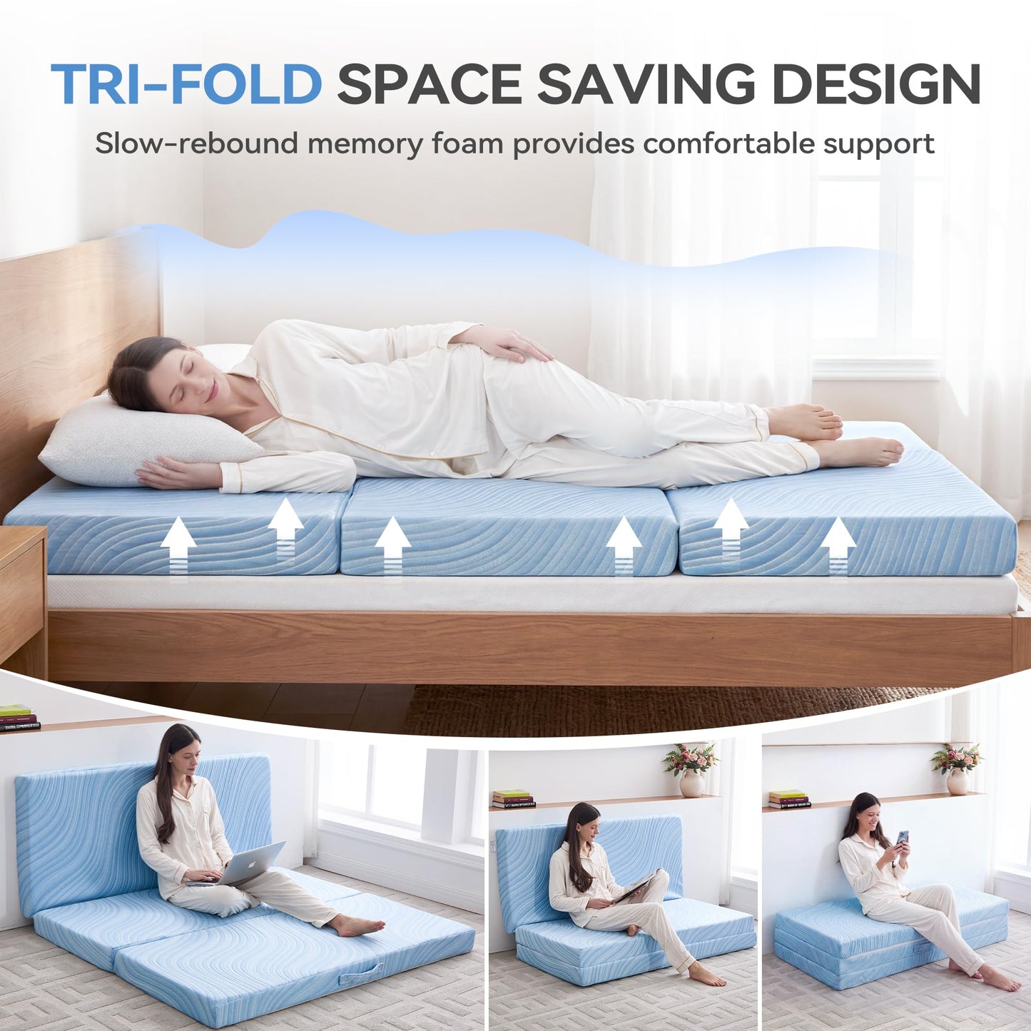 SINWEEK Foldable Trifold Tri Fold Portable Folding Topper Full - 3.8 Inch Memory Foam & High Density Foam with Cooling Fabric, Floor Mat for Travel Camping RV Temporary