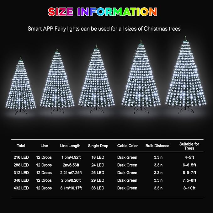 30+ Modes Ring Christmas Tree Lights Indoor Outdoor - 7.5Ft x 12 Lines 336 LED Easy App Control Color Changing Timer Remote Waterproof for 6 7 Ft Xmas Trees (Cool White to Multicolor)