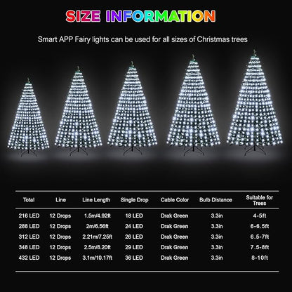 30+ Modes Ring Christmas Tree Lights Indoor Outdoor - 10Ft x 12 Lines 432 LED Easy App Control Color Changing Timer Remote Waterproof for 7.5 8 9 10 11 Ft Xmas Trees (Cool White to Multicolor)