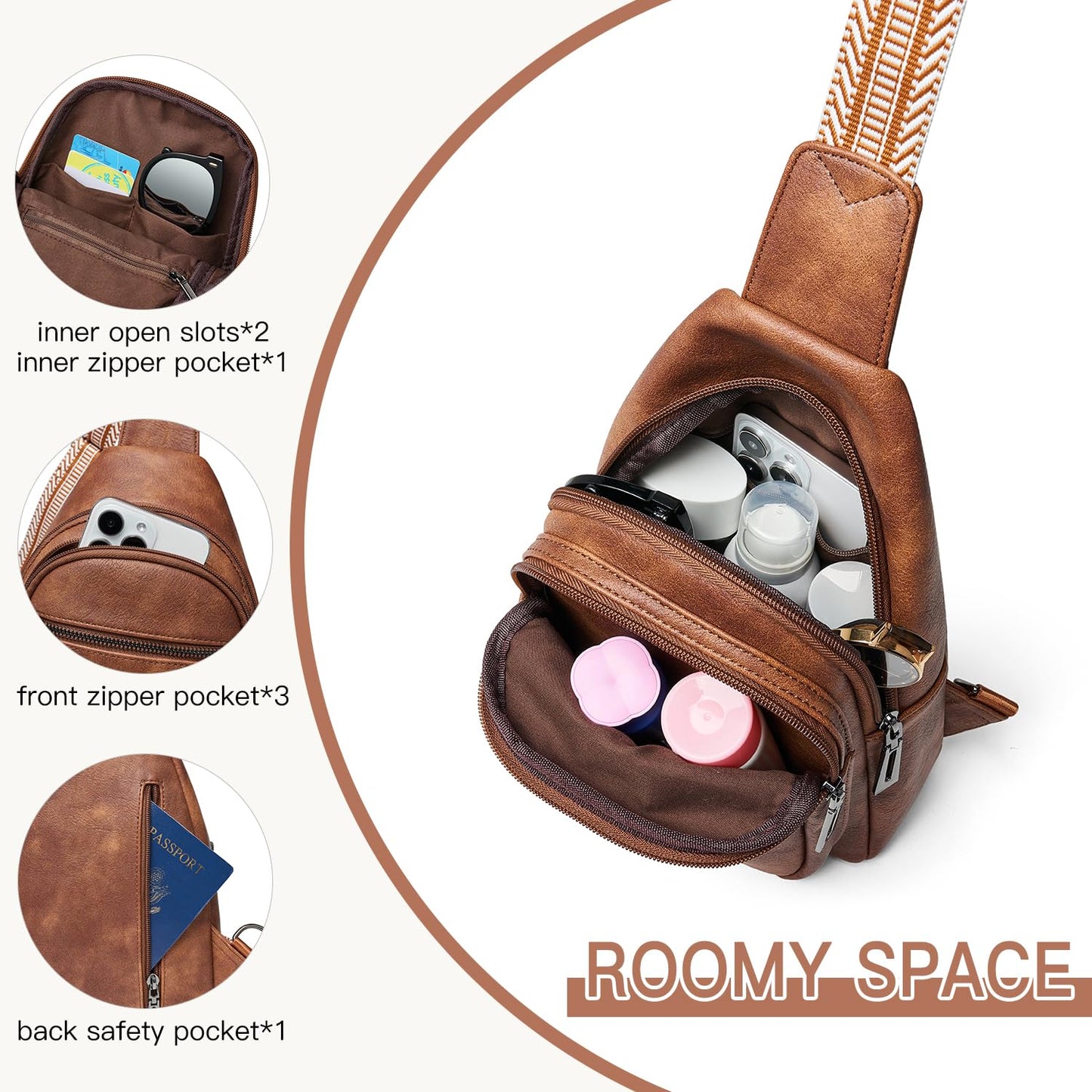 Leresas Sling Bag for Women Crossbody Bag Fanny Packs Cross Body Handbag Over the Shoulder Bag Trendy Gifts Vegan Leather Travel Purses Anti Theft Brown
